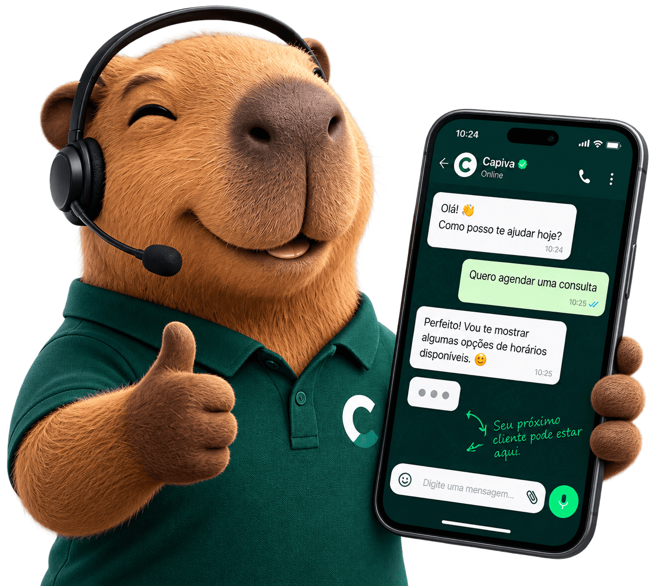Mascote da Capiva Studio, uma capivara segurando um celular com o WhatsApp aberto